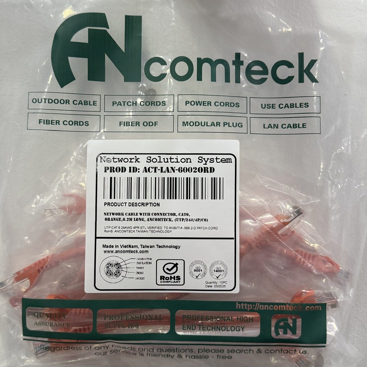 DÂY NHẢY PATCH CORD CAT6 UTP 0.2M lõi đồng 100% pass Fluke đầu đúc ACT-LAN-6002ORD 20CM