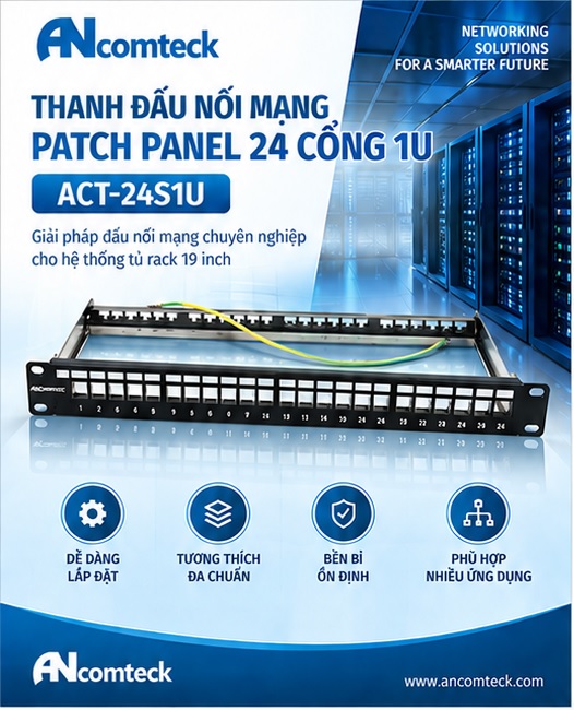 Thanh đấu nối patch panel 24 cổng Ancomteck mã ACT-24S1U