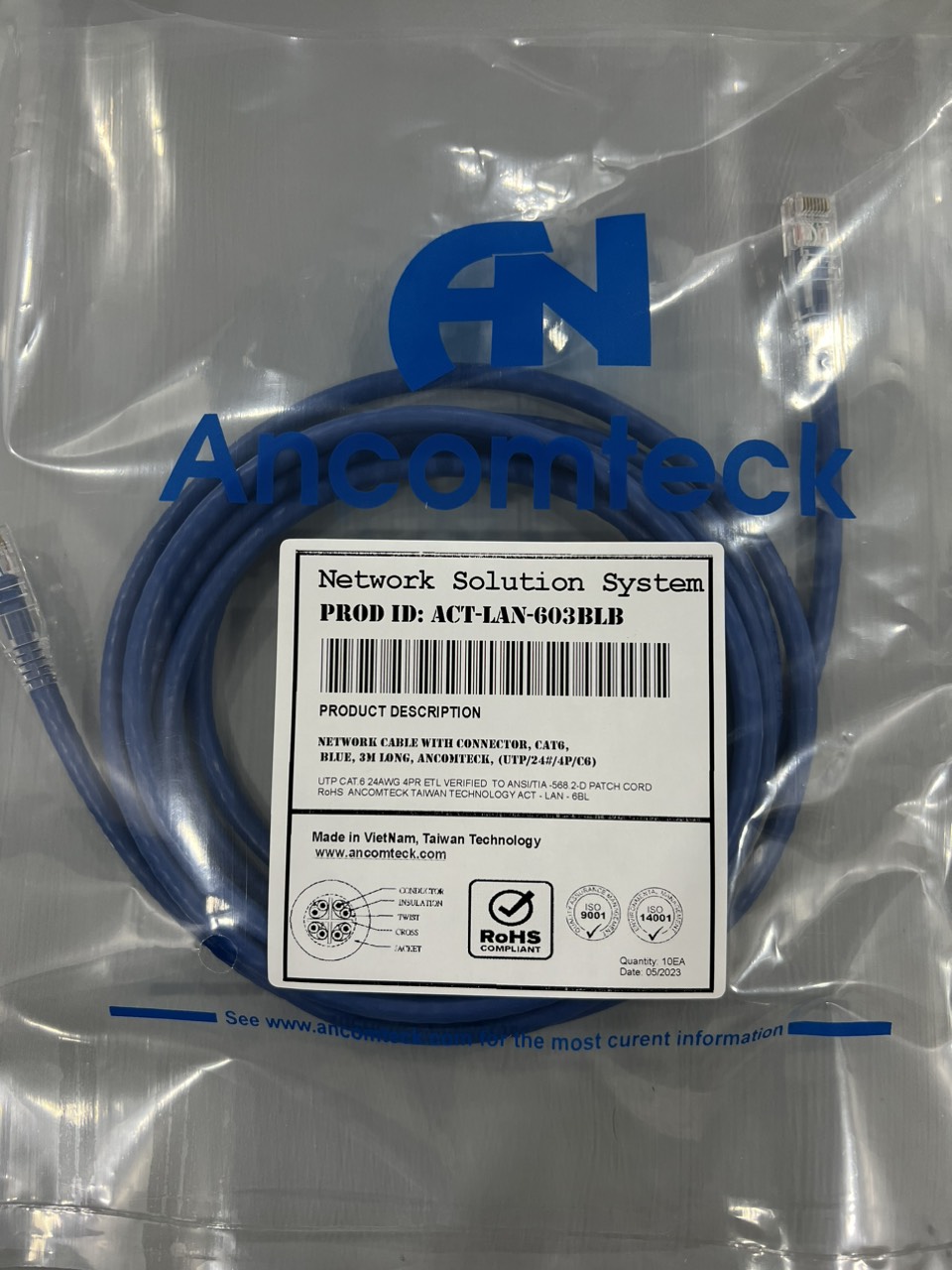 Dây nhảy patch cord 3m CAT6 lõi đồng 100%, pass Fluke ACT-LAN-603BLB ANCOMTECK
