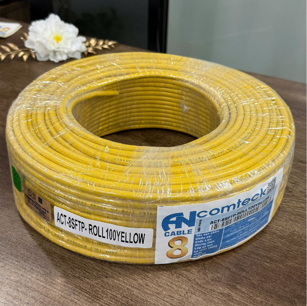Cuộn cáp 100M CAT8 S/FTP ANCOMTECK mã ACT-8SFTP-ROLL100YELLOW