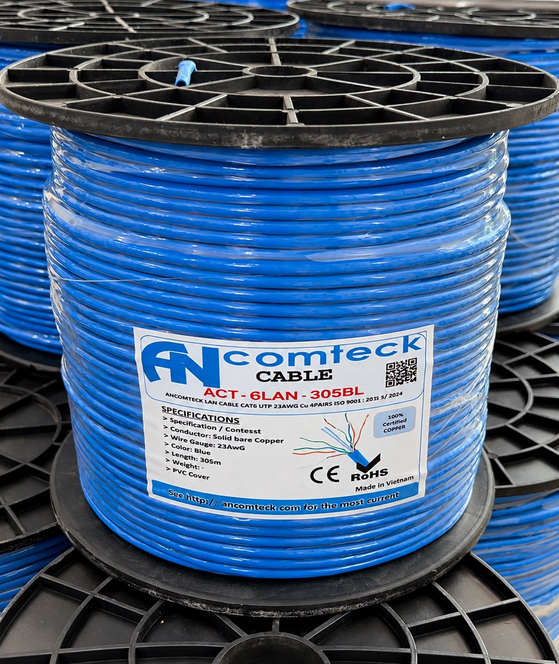 Dây cáp mạng Cat6 UTP lõi đồng nguyên chất chuẩn 23AWG chính hãng Ancomteck ACT-6LAN-305BL