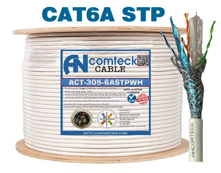Cáp mạng CAT6A STP bọc bạc chống nhiễu, ANCOMTECK ACT-305-6ASTPWH