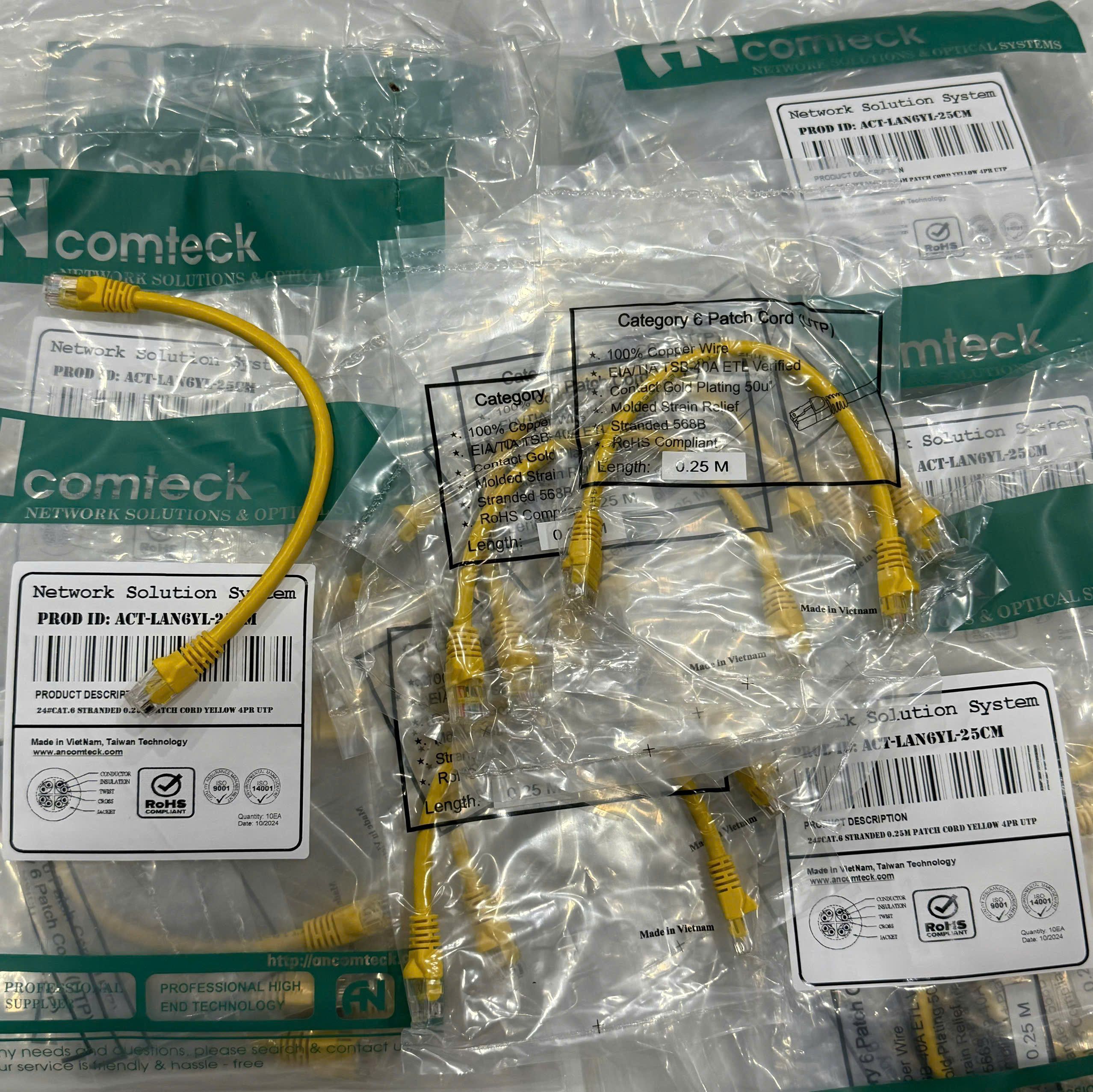Dây nhảy patch cord 0.25m CAT6 màu vàng - lõi đồng 100%, pass Fluke: ACT-LAN6YL-25CM ANCOMTECK