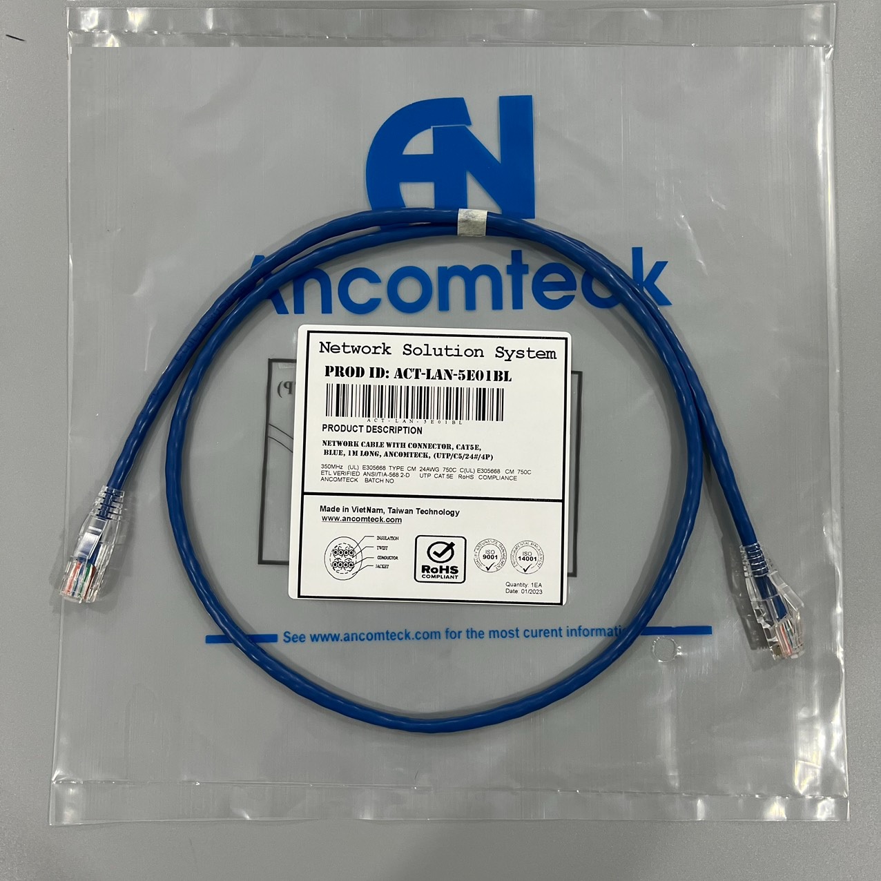 Dây nhảy patch cord 1m cat5 màu xanh ANCOMTECK- ACT-LAN-5E01BL