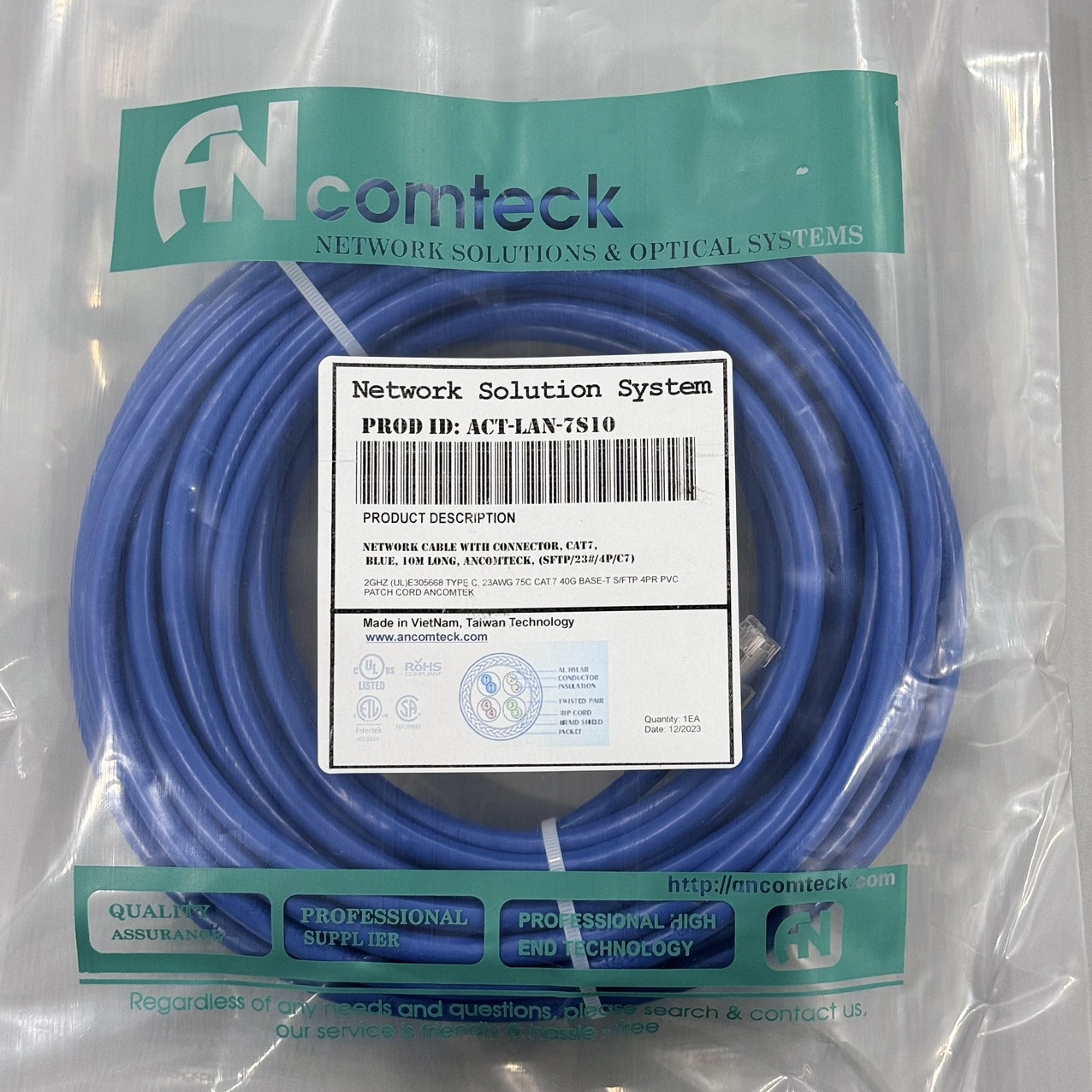 Dây nhảy PATCH CORD CAT7 SFTP, dài 10m, Hiệu Ancomteck ACT-LAN-7S10