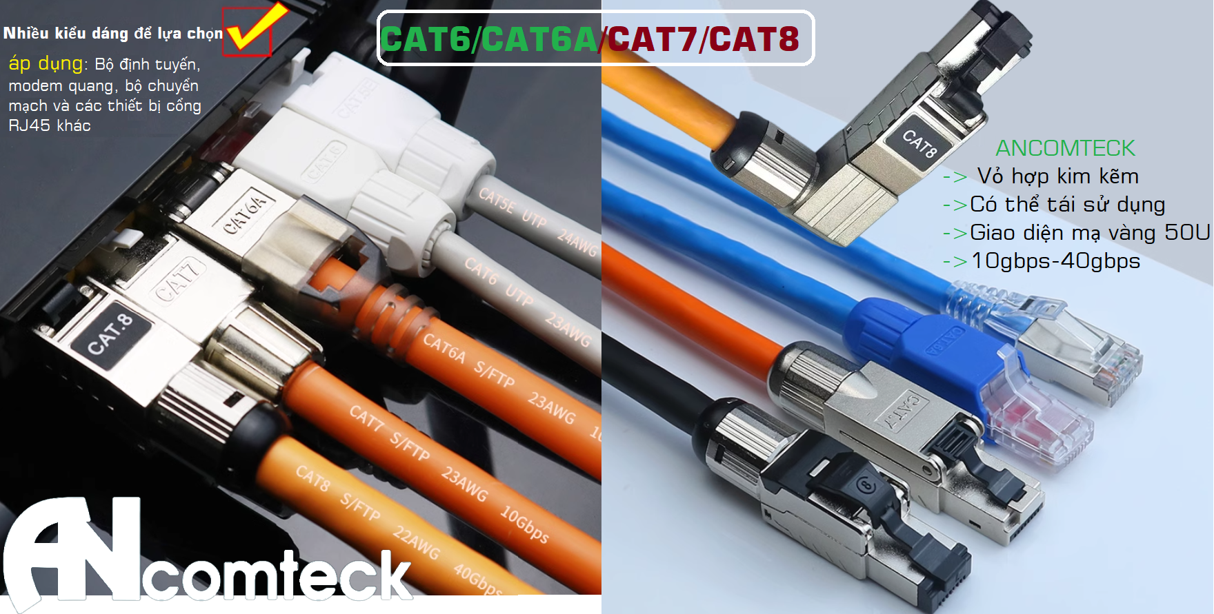 Phân phối Hạt mạng Cat6 UTP ANCOMTECK AC-US6-P100, chân sole đồng rãnh to