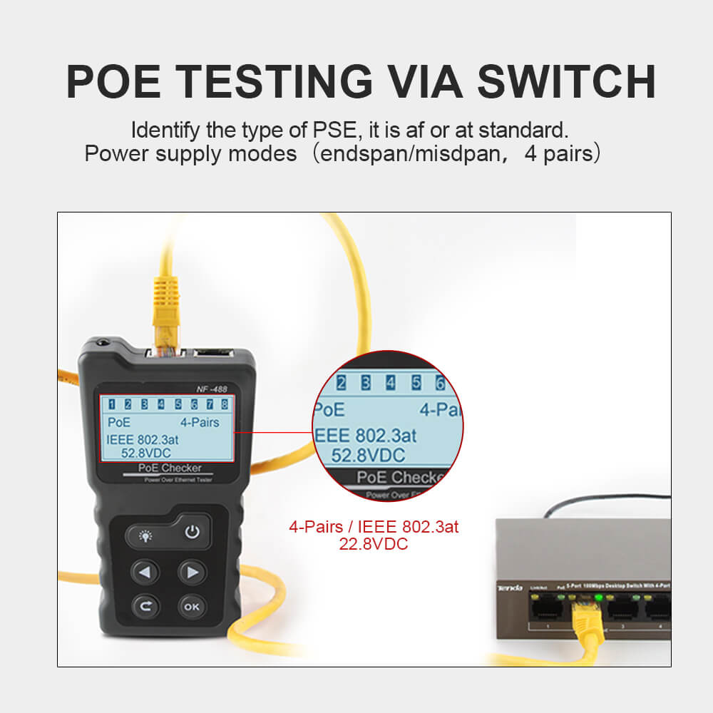 NF-488 Bộ kiểm tra kiểm tra nguồn qua Ethernet (PoE). Xác định tại/af Tiêu chuẩn/Điện áp/Dòng điện