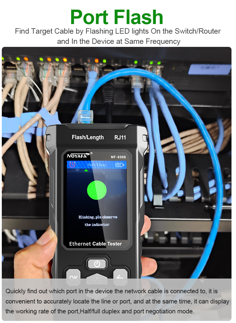 NF-8506- lập bản đồ dây, kiểm tra độ dài cáp, kiểm tra PoE, PING, đánh giá tốc độ mạng