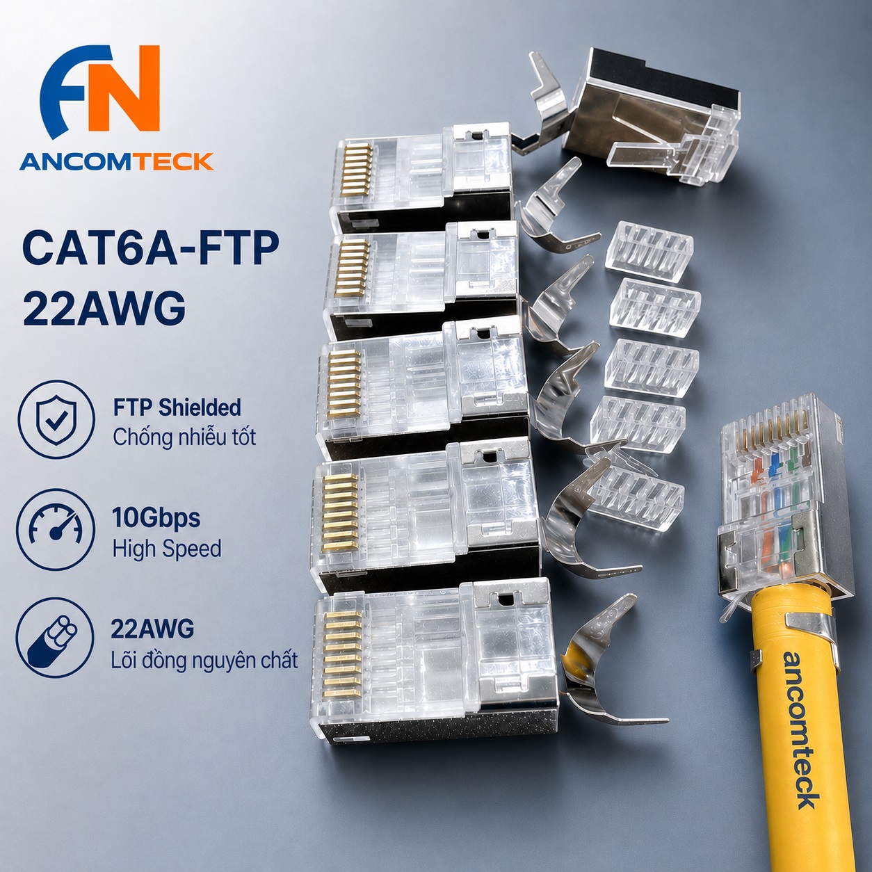 Đầu bấm mạng CAT6A chống nhiễu FTP, gồm 2 mảnh ghép lại, sử dụng cho cáp CAT6A mã  ACT-F6AS-P100
