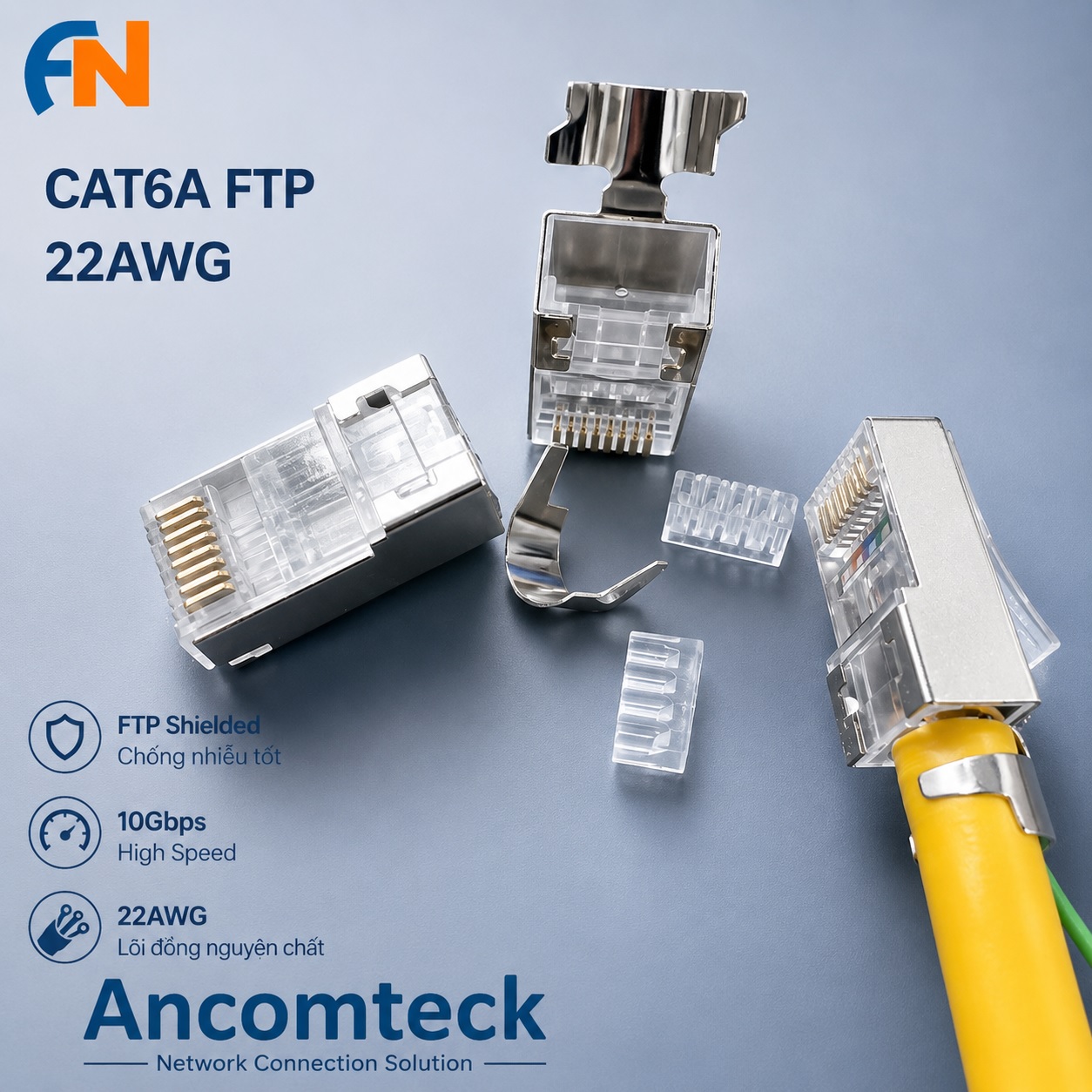 Đầu bấm mạng CAT6A chống nhiễu FTP, gồm 2 mảnh ghép lại, sử dụng cho cáp CAT6A mã  ACT-F6AS-P100
