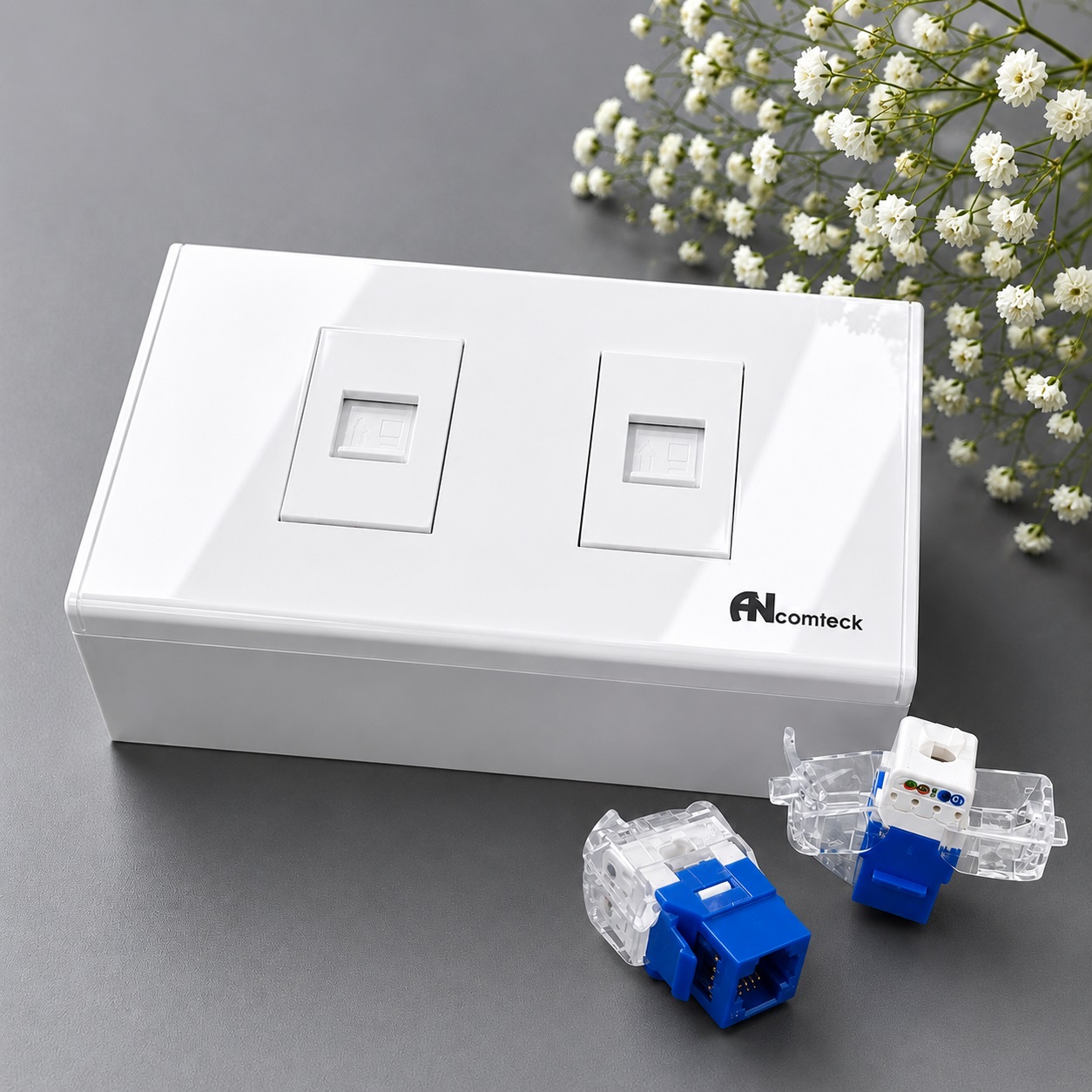 Bộ Outlet Wallplate 1 Port CAT6 White ANCOMTECK chuẩn thẳng ACT-FC1-RC1/ ACT-JK28-C6-US