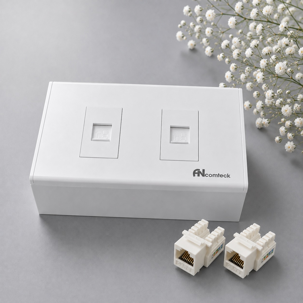 Bộ Outlet Wallplate 2 Port CAT6 White ANCOMTECK chuẩn ngang ACT-FC2-RC1/ ACT-6U-002 - Bộ Ổ Cắm Mạng