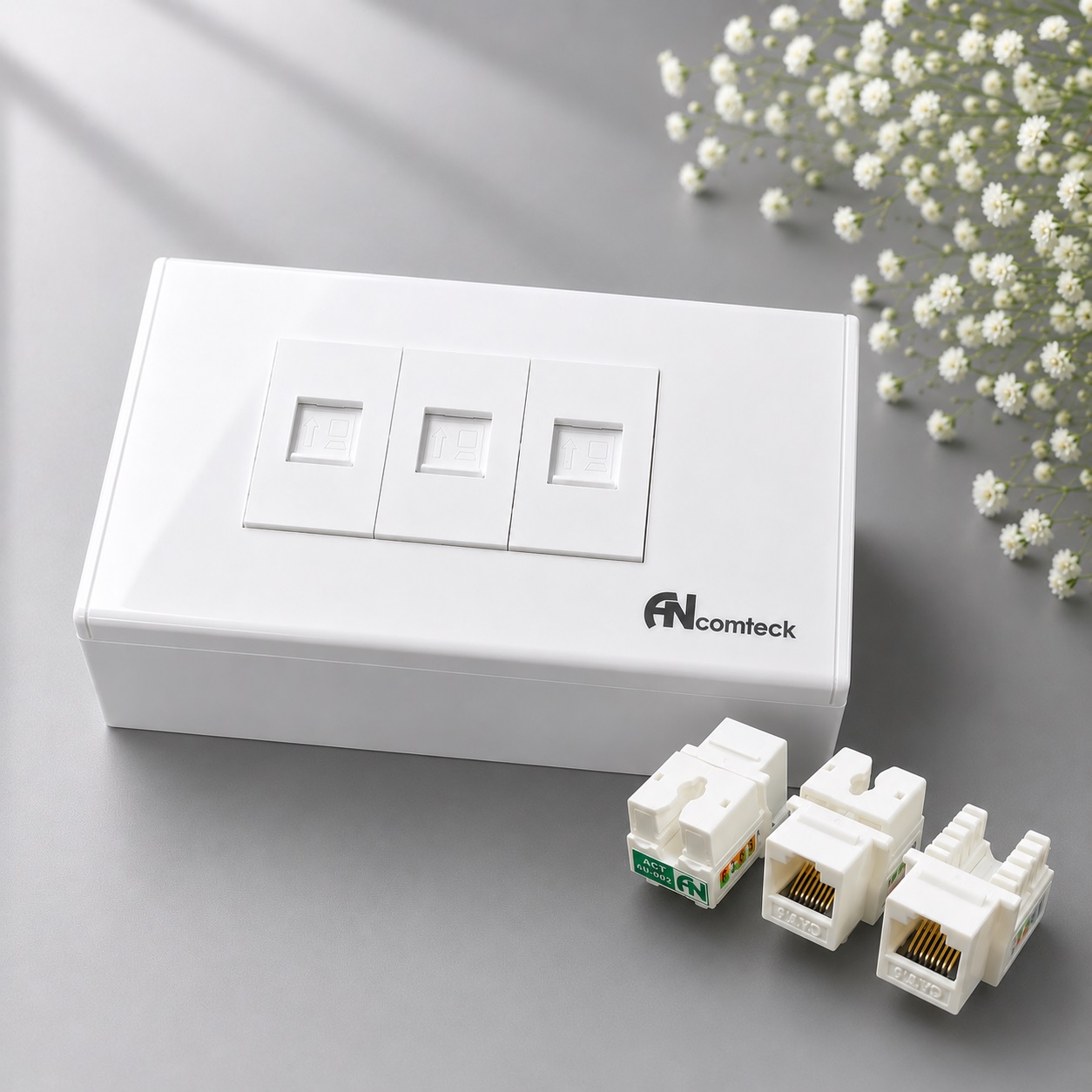 Bộ Outlet Wallplate 3 Port CAT6 White ANCOMTECK chuẩn ngang ACT-FC3-RC1/ ACT-6U-002 - Bộ Ổ Cắm Mạng