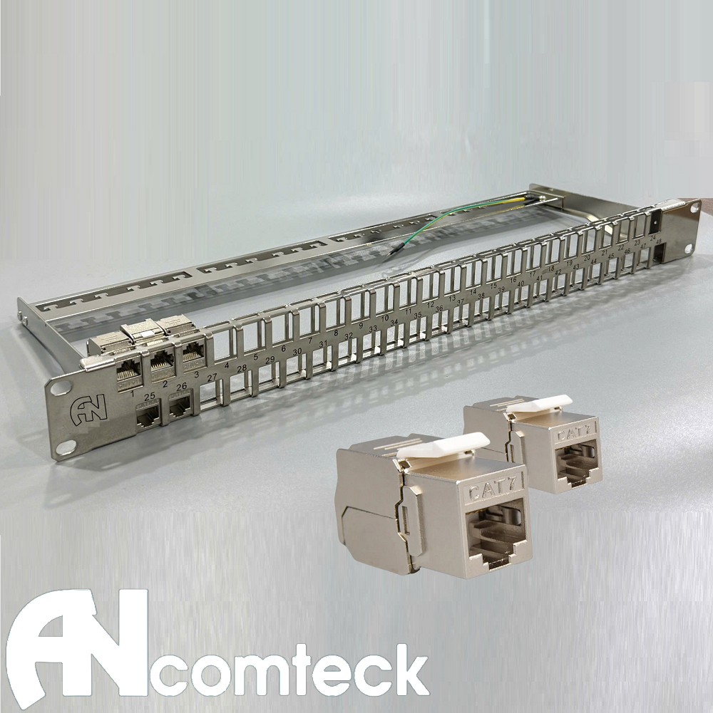 Bộ thanh đấu nối 48 cổng 1U Cat7 Ancomteck , ACT-48S1U | ACT-S7-002, bao gồm thanh quản lý cáp