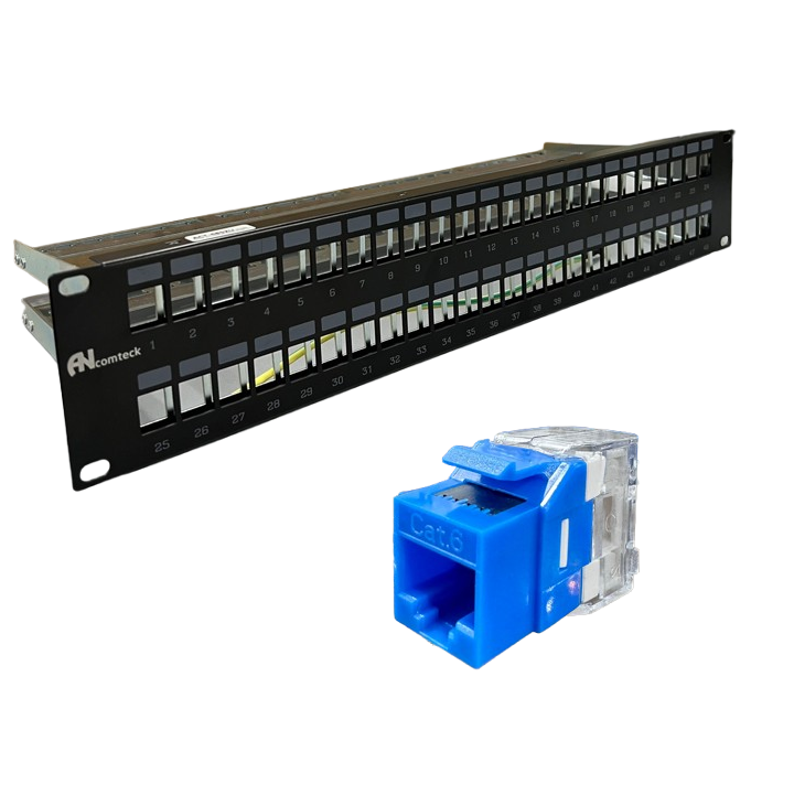 Patch panel 48 cổng Cat6 UTP 2U 19inch hiệu Ancomteck mã ACT-48S2U, ACT-JK28-C6-US