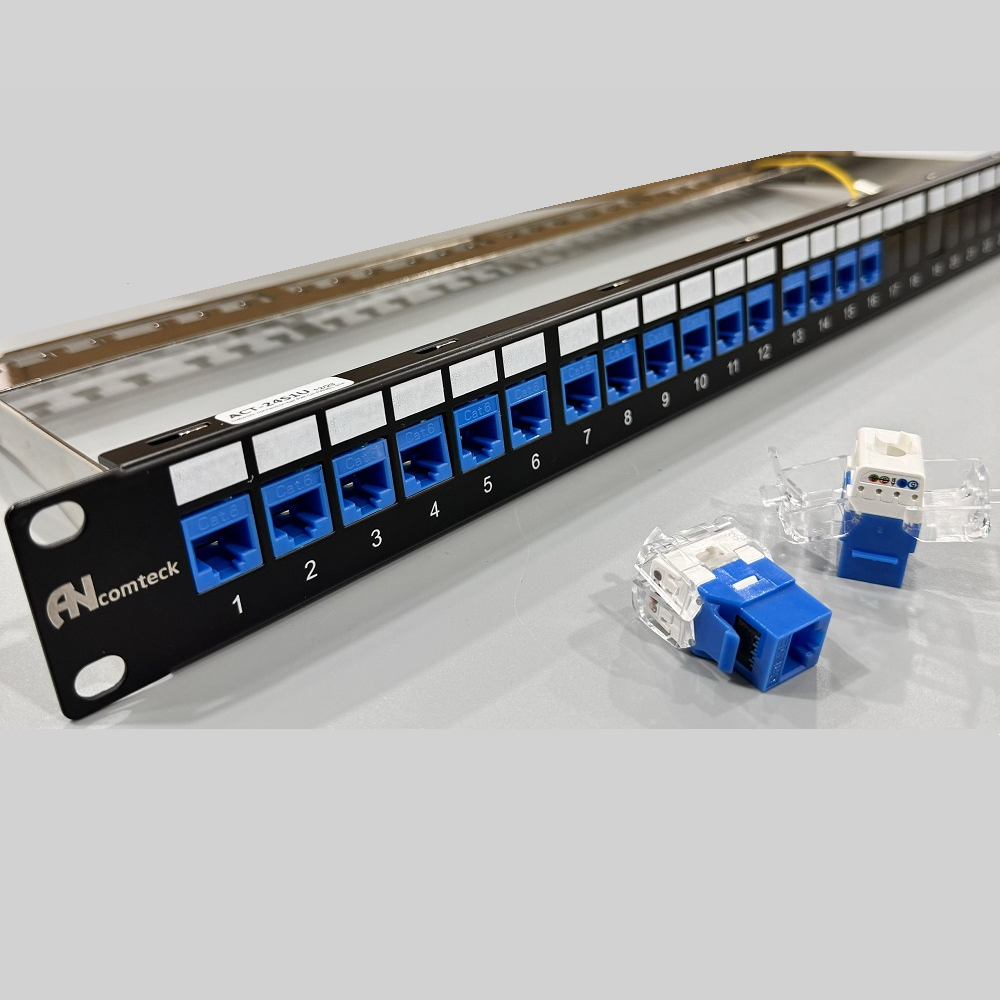 Patch panel 16 cổng Cat6 UTP 1U 19inch hiệu Ancomteck ACT-16S1U,ACT-JK28-C6-US