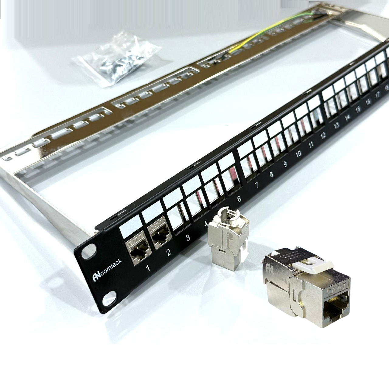 Patch panel 24 cổng Cat7 FTP 1U 19inch hiệu Ancomteck mã ACT-24S1U, ACT-S7-002