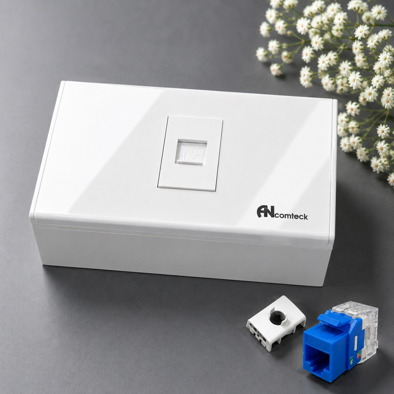 Bộ Outlet Wallplate 1 Port CAT6 White ANCOMTECK chuẩn thẳng ACT-FC1-RC1/ ACT-JK28-C6-UK