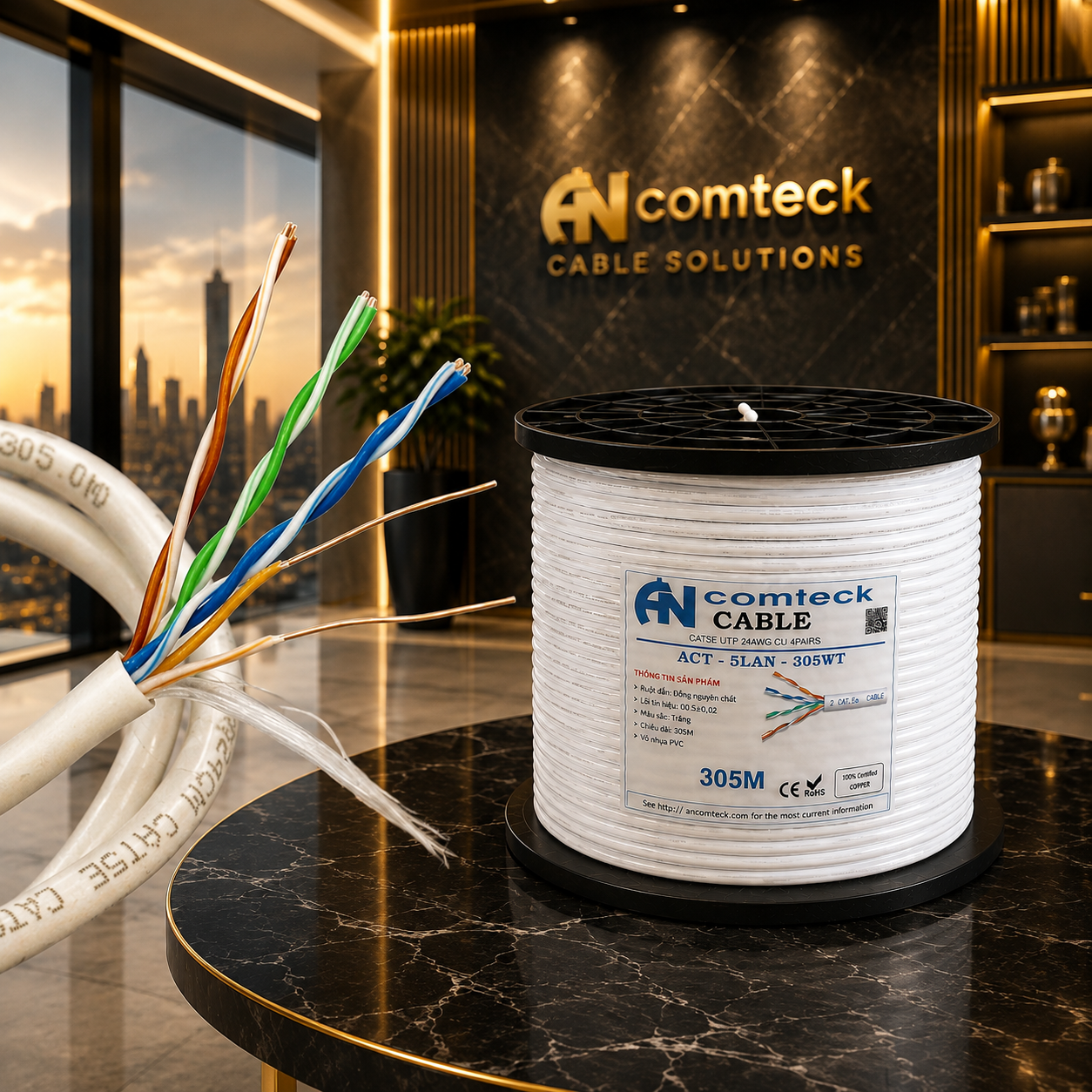 Cáp mạng CAT5 24awg lõi đồng nguyên chất hiệu Ancomteck, ACT-5LAN-305WT