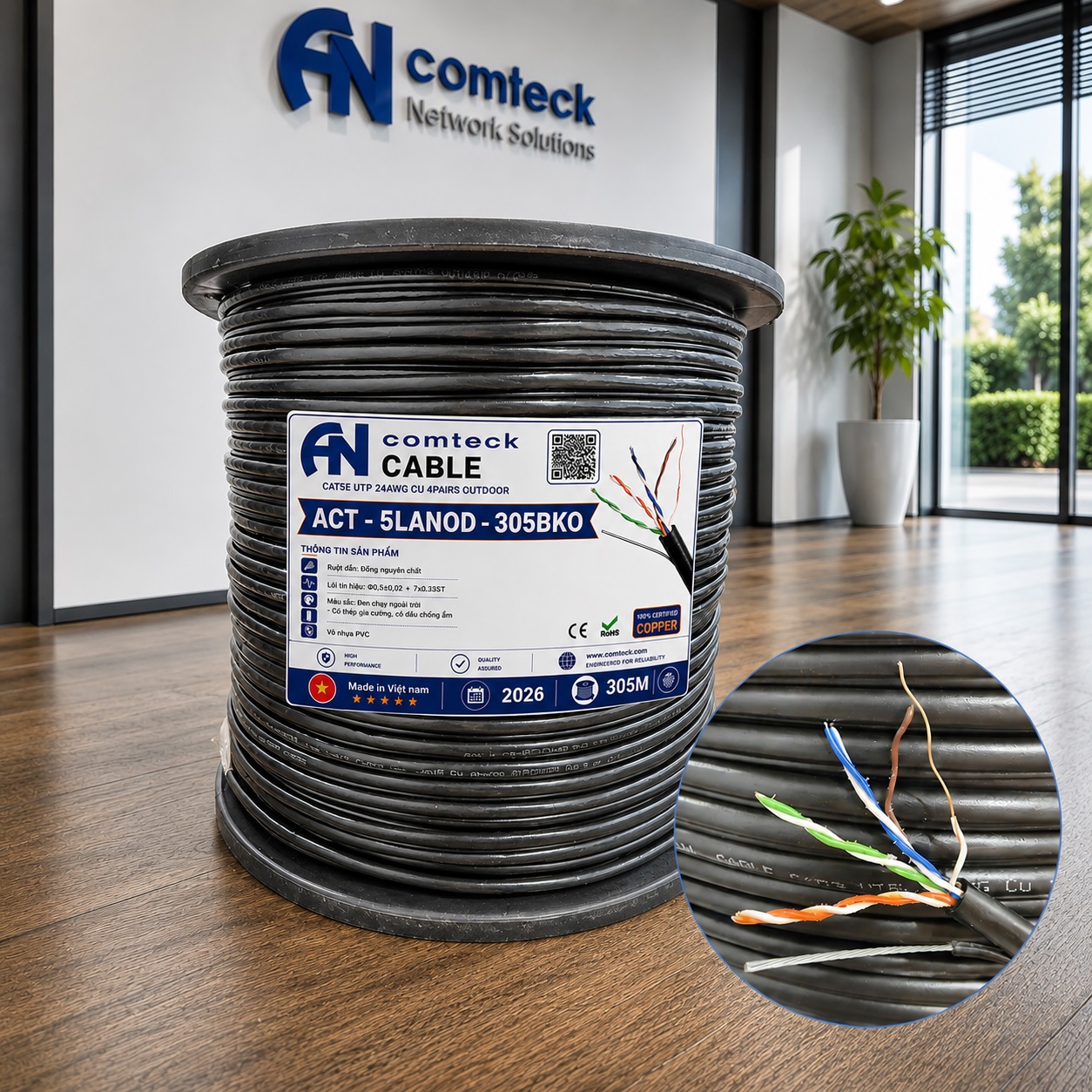 Cáp mạng CAT5e UTP chạy ngoài trời - có dây chịu lực gia cường - Outdoor ACT-5LANOD-305BKO lõi đồng