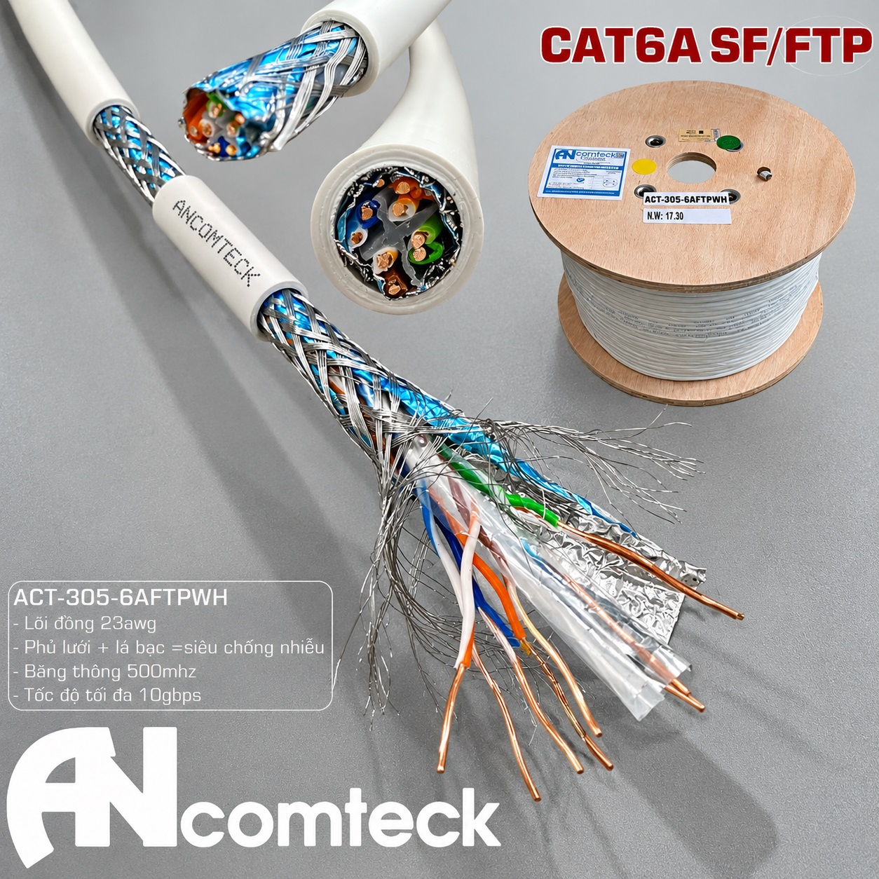 Cáp mạng CAT6A SF FTP bọc bạc chống nhiễu, ANCOMTECK ACT-305-6AFTPWH