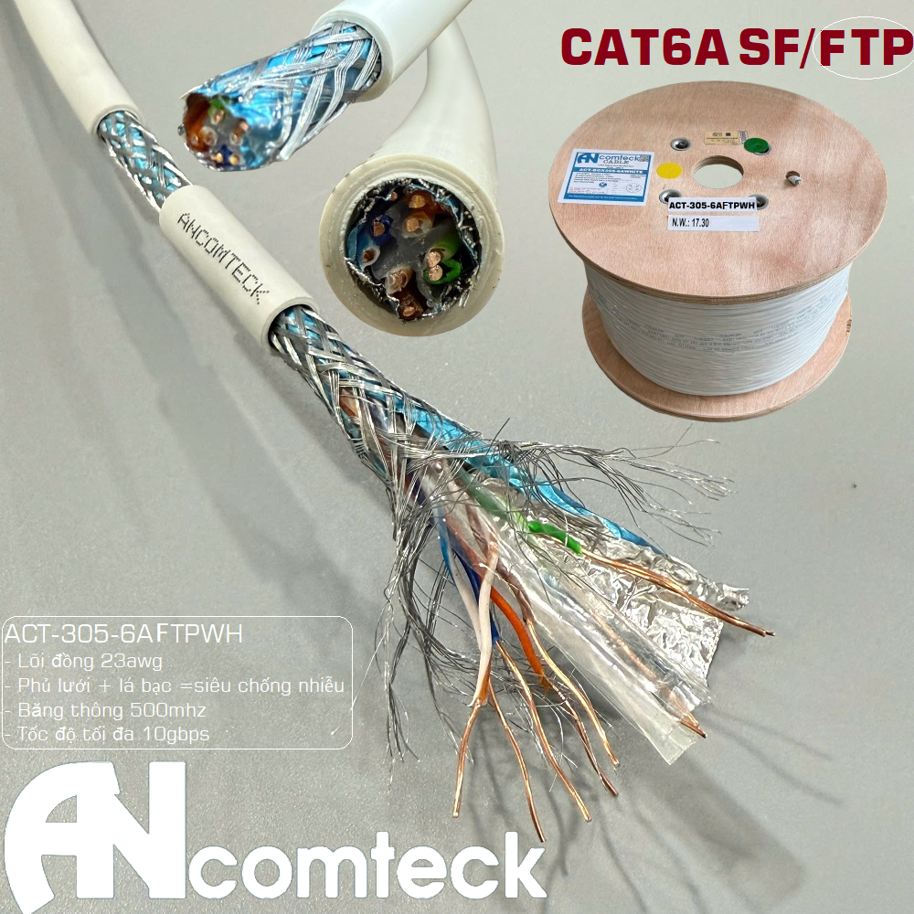 Cáp mạng CAT6A SF FTP bọc bạc chống nhiễu, ANCOMTECK ACT-305-6AFTPWH