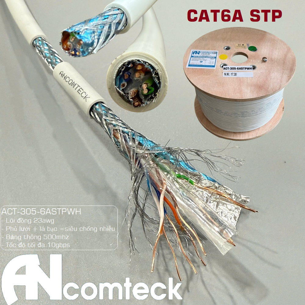 Cáp mạng CAT6A STP bọc bạc chống nhiễu, ANCOMTECK ACT-305-6ASTPWH