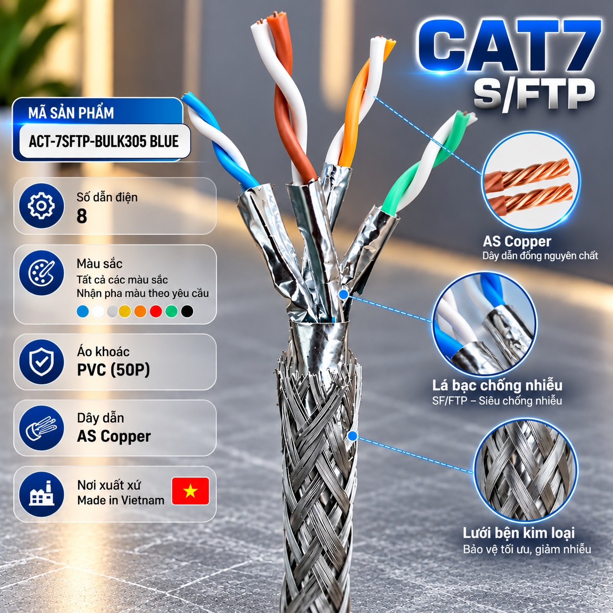 Cáp mạng CAT7 S/FTP chống nhiễu ANCOMTECK ACT-7SFTP-BULK305BL