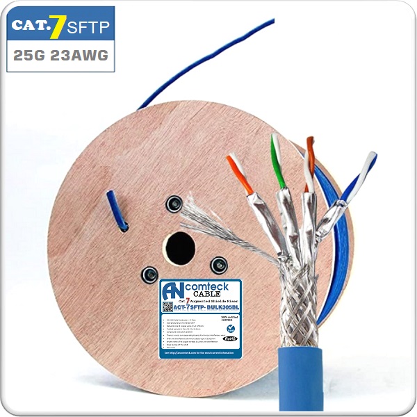 Cáp mạng CAT7 SFTP chống nhiễu 3 lớp, kháng cháy, chống chuột, màu xanh, dài 305m/cuộn
