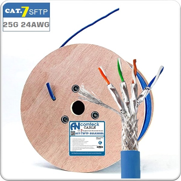 Cáp mạng CAT7 SFTP chống nhiễu 3 lớp, kháng cháy, chống chuột, màu xanh, dài 305m/cuộn