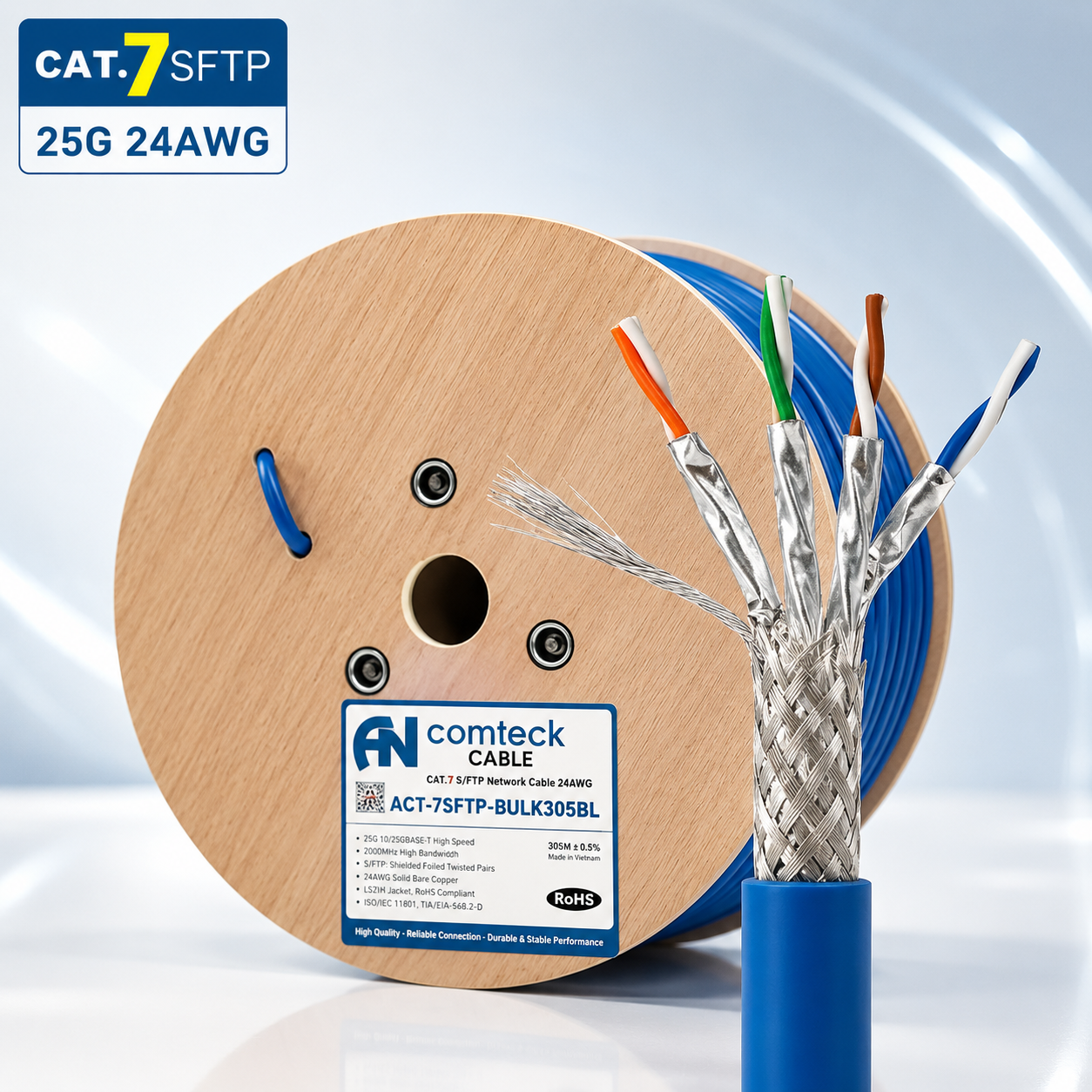 Cáp mạng CAT7 SFTP chống nhiễu 3 lớp, kháng cháy, chống chuột, màu xanh, dài 305m/cuộn