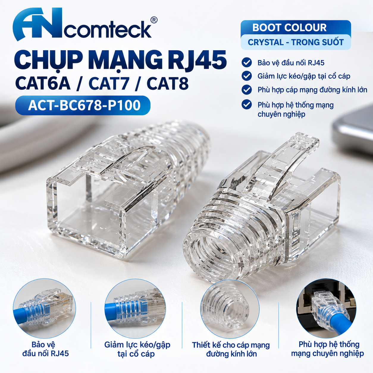 CHỤP MẠNG CAT6A, CAT7, CAT8 ANCOMTECK ACT-BC678-P100 màu trong suốt