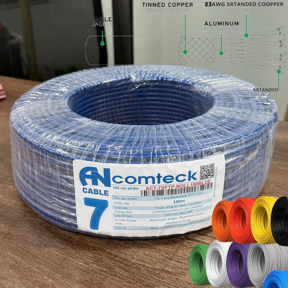 Cuộn cáp 100M CAT7 S/FTP ANCOMTECK mã  ACT-7SFTP-ROLL100BLUE