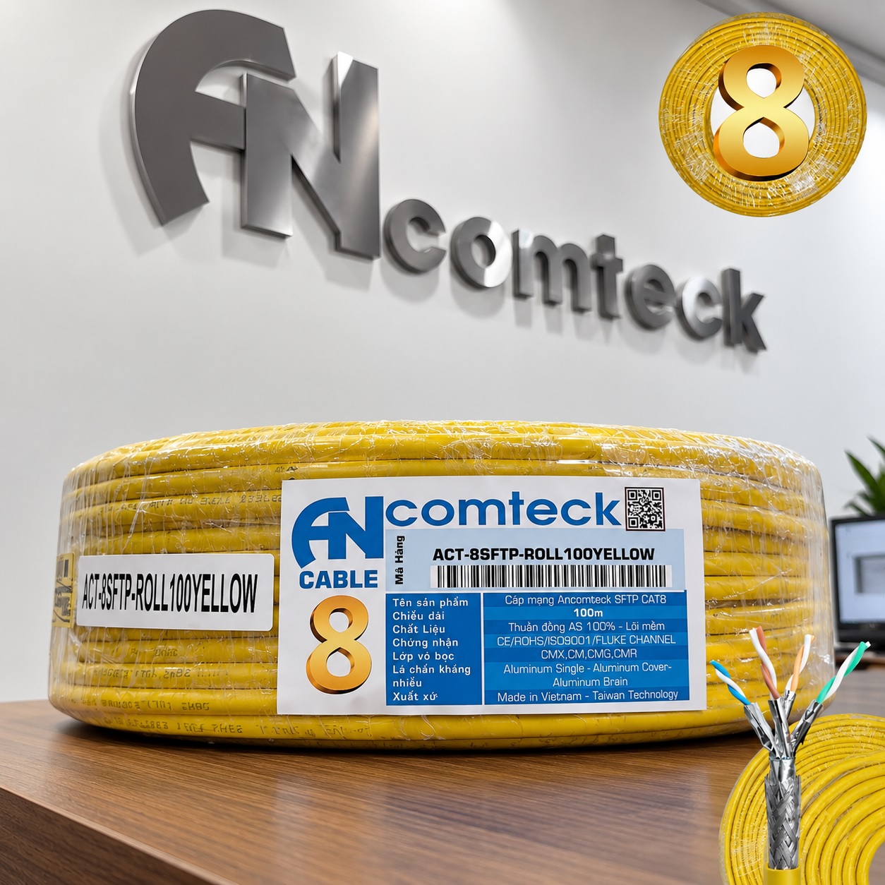 Cuộn cáp 100M CAT8 S/FTP ANCOMTECK mã ACT-8SFTP-ROLL100YELLOW