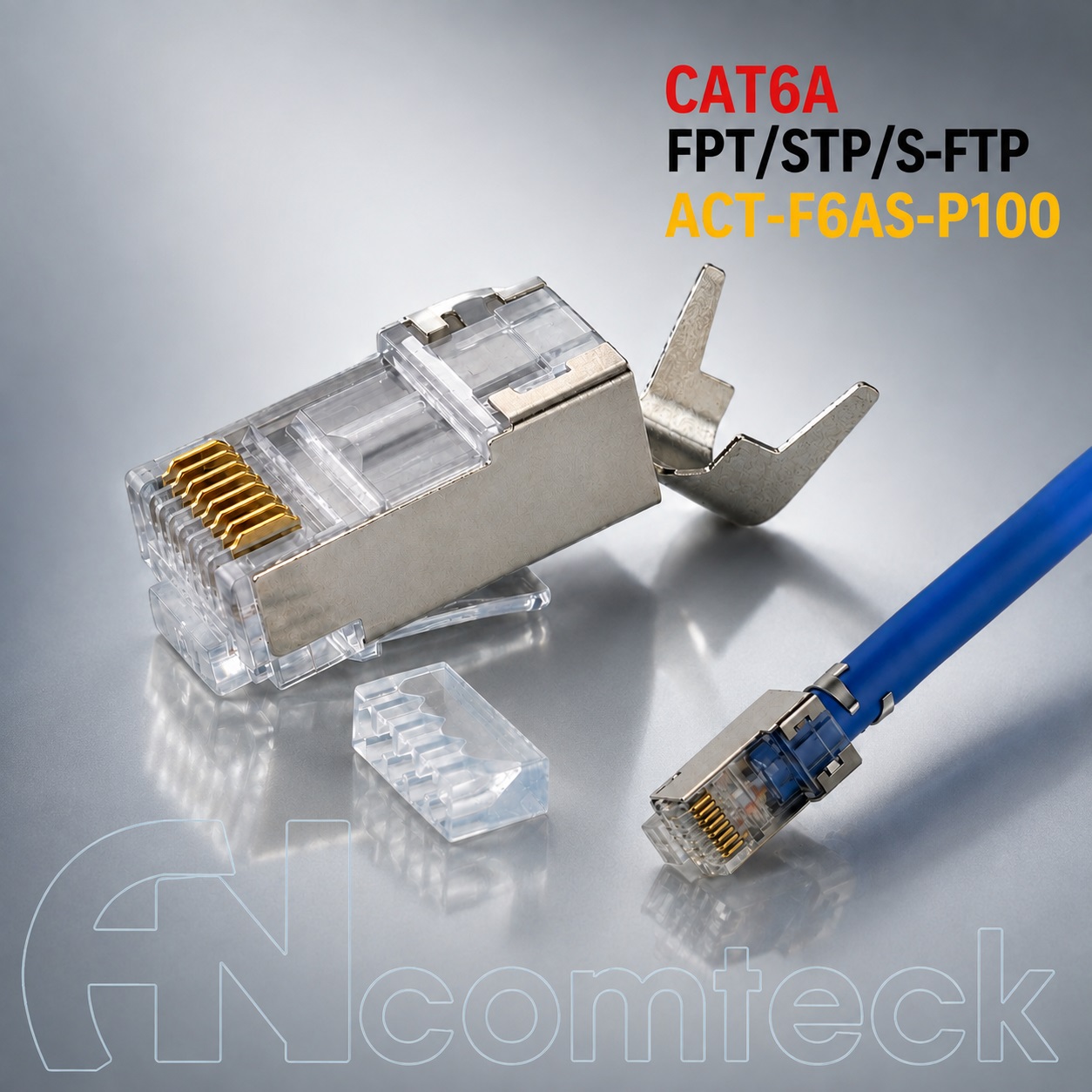Đầu bấm mạng CAT6A chống nhiễu FTP, gồm 2 mảnh ghép lại, sử dụng cho cáp CAT6A mã  ACT-F6AS-P100