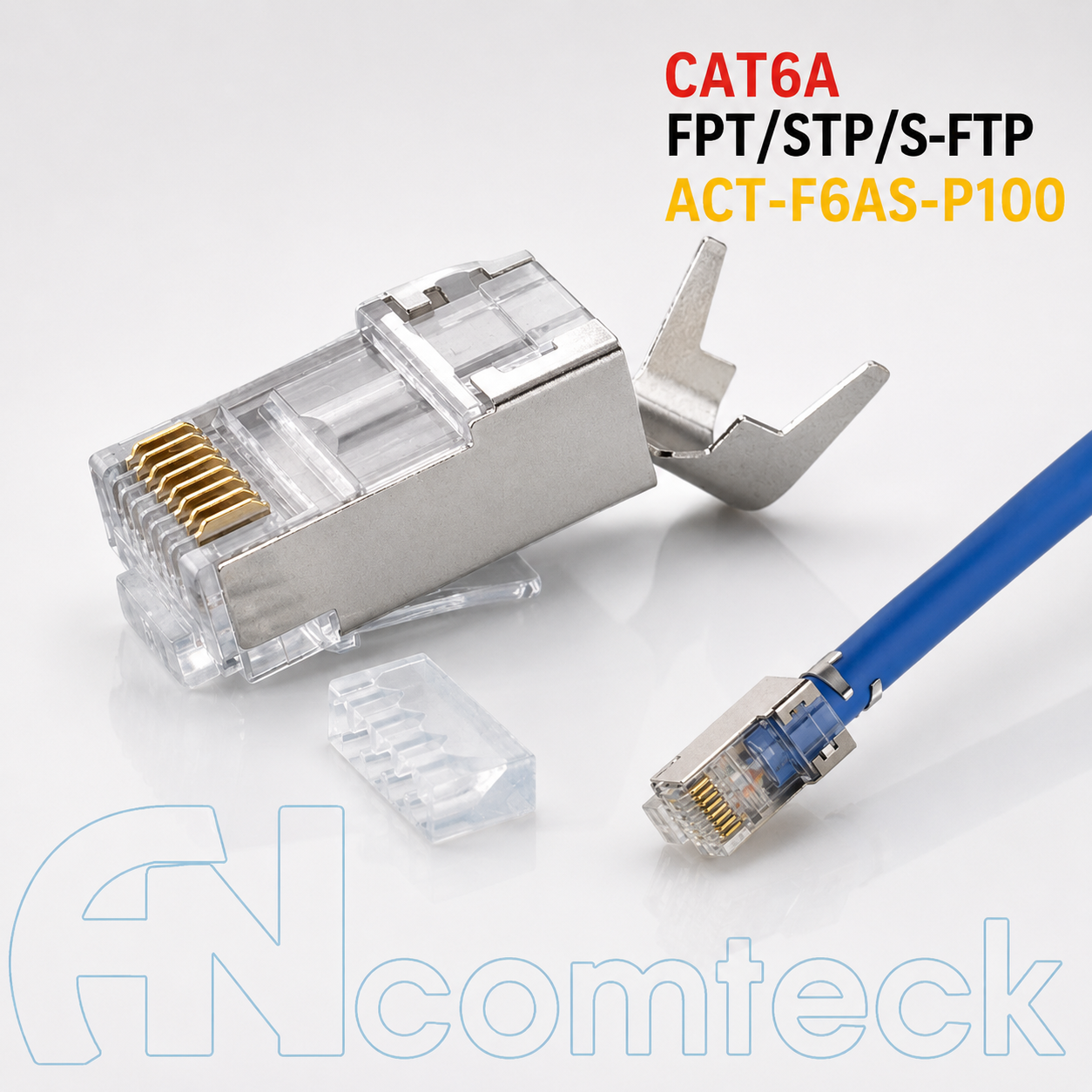 Đầu bấm mạng CAT6A chống nhiễu FTP, gồm 2 mảnh ghép lại, sử dụng cho cáp CAT6A mã  ACT-F6AS-P100