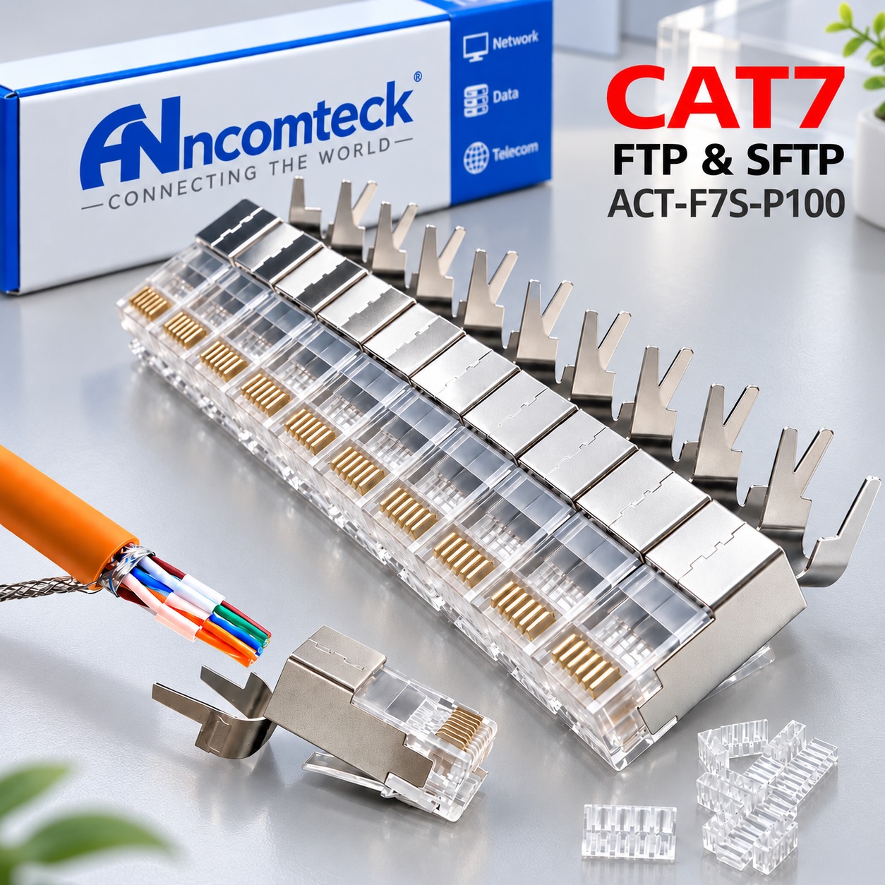 Đầu bấm mạng CAT7 SFTP shielded bọc kim loại chống nhiễu gồm 2 mảnh, mã ACT-F7S-P100