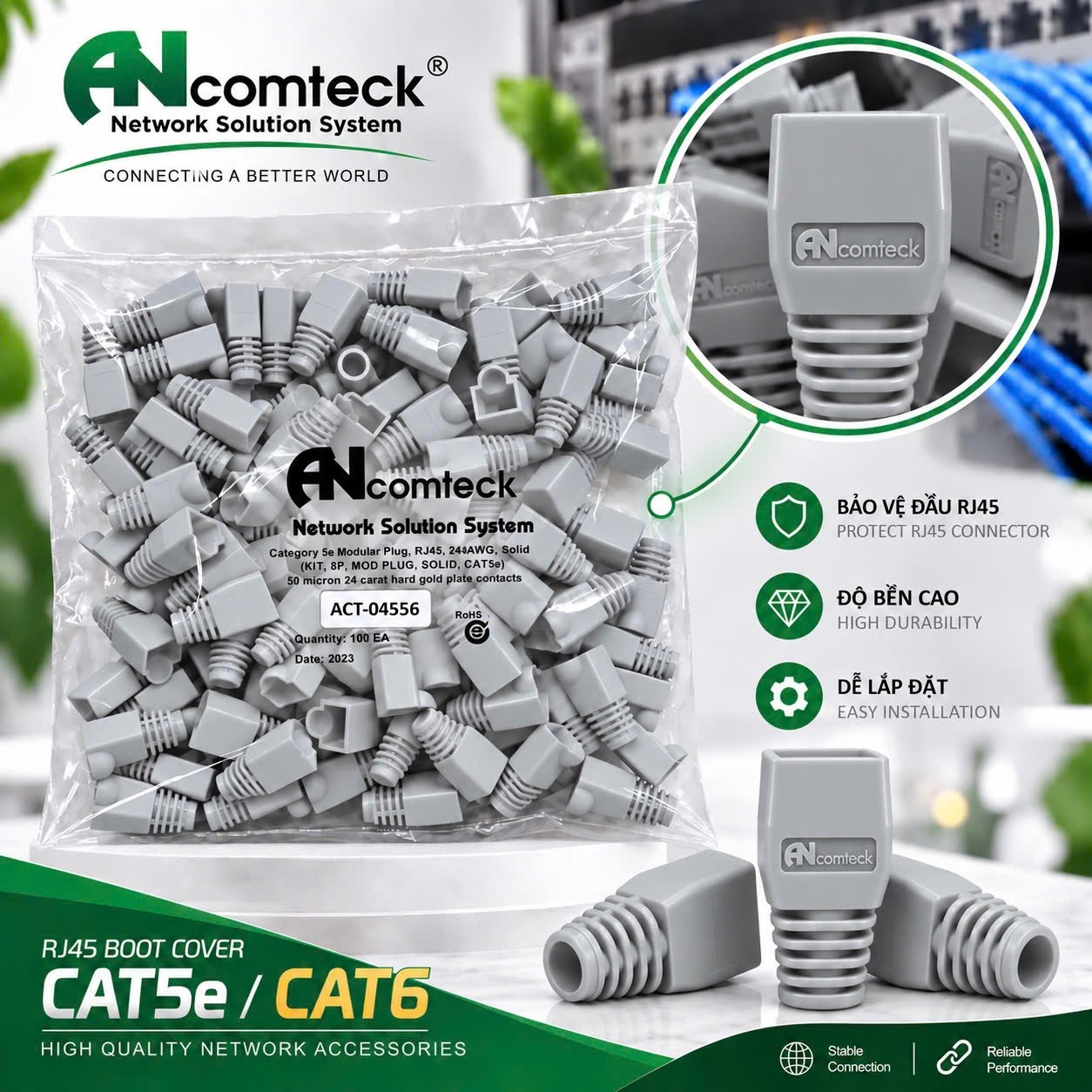 ĐẦU CHỤP MẠNG CAT5E, CAT6 màu trắng, ghi  ACT-04556