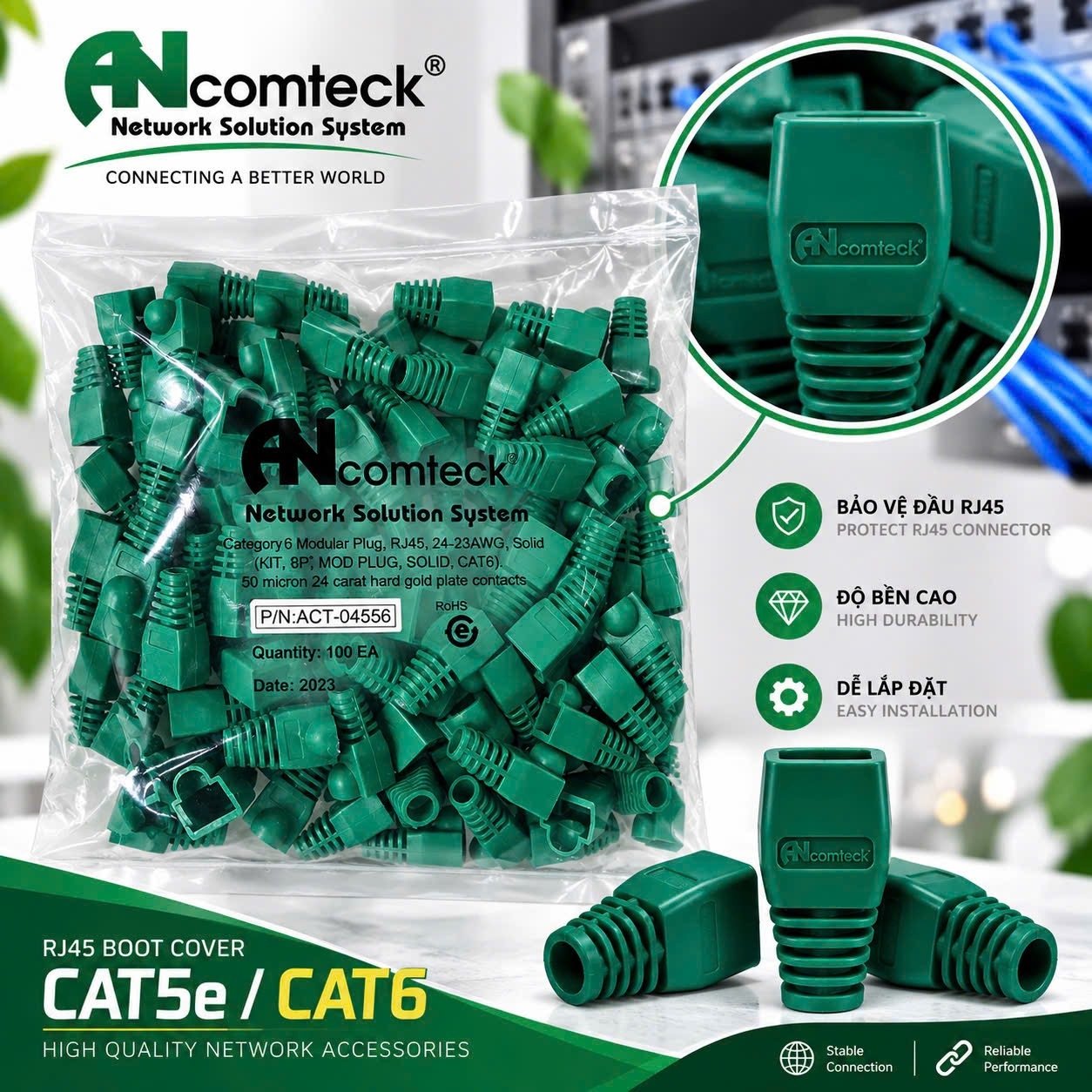 ĐẦU CHỤP MẠNG CAT5E, CAT6 màu xanh Green  ACT-04556