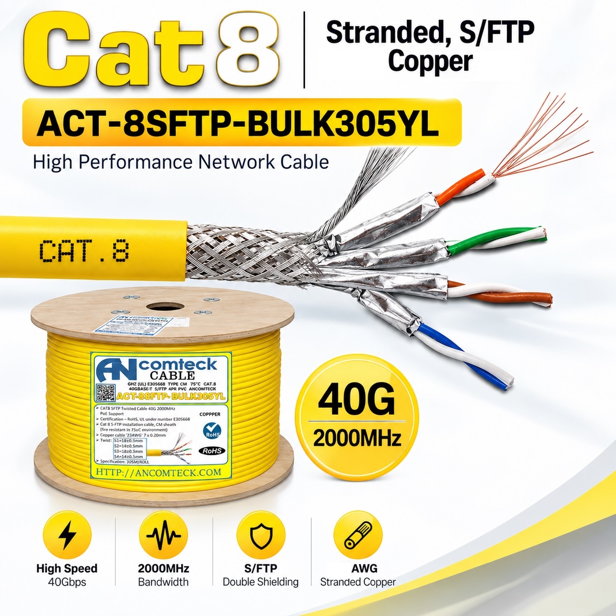 Dây Cáp CAT8 SFTP Dạng Xoắn 24AWG tốc độ 40G 2000MHz Hỗ Trợ PoE, ACT-8SFTP- BULK305YL