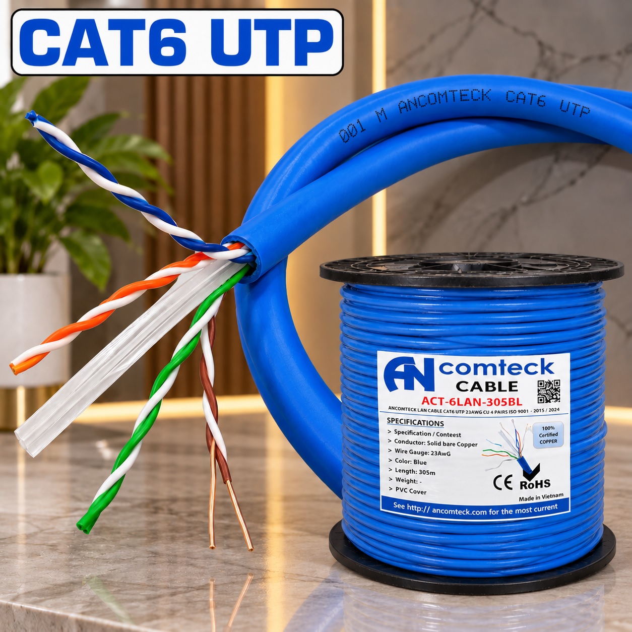 Dây cáp mạng Cat6 UTP lõi đồng nguyên chất chuẩn 23AWG chính hãng Ancomteck ACT-6LAN-305BL