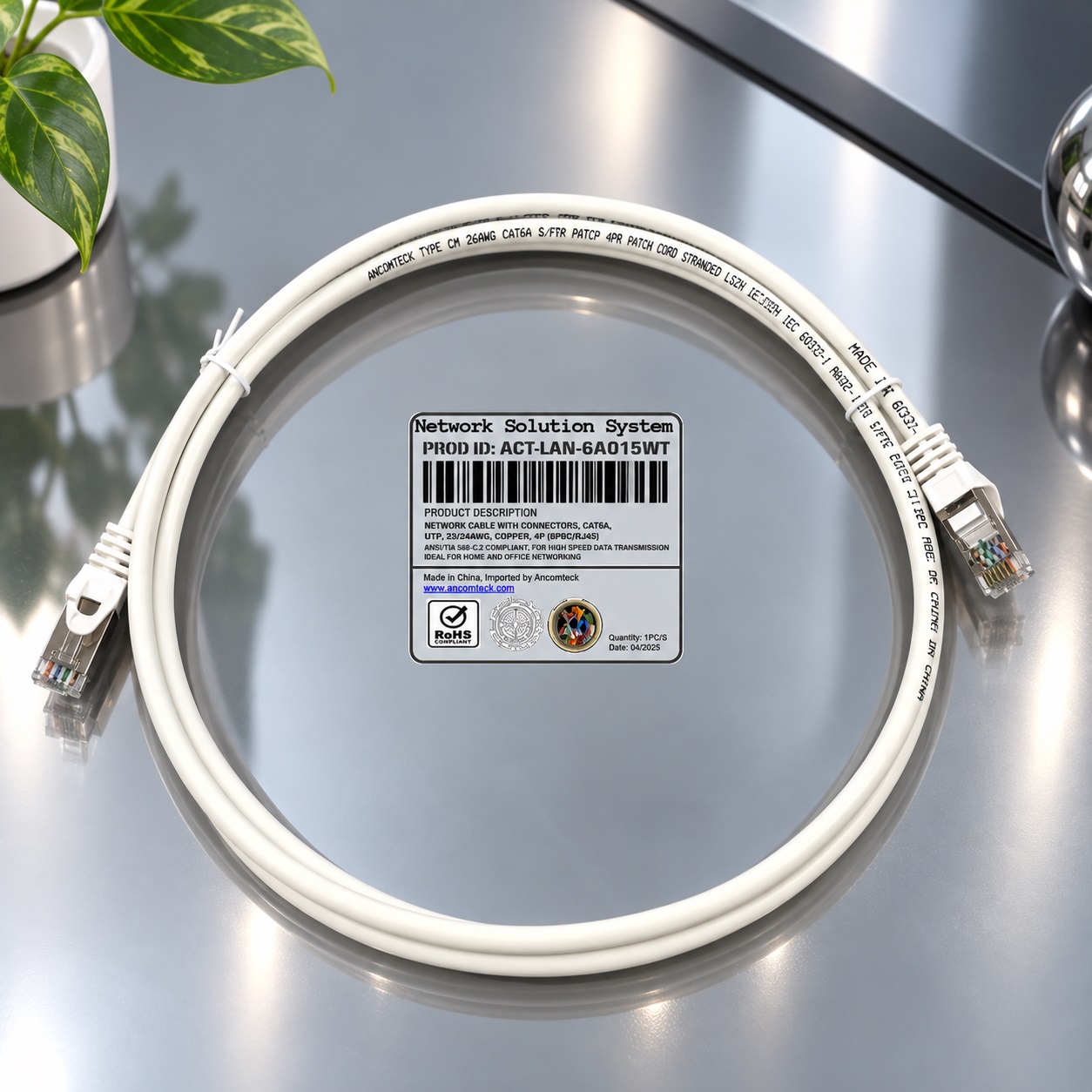 Dây nhảy PATCH CORD 1.5m Cat6A S-FTP, Shielded, LSZH, màu trắng - ANCOMTECK mã ACT-LAN-6A015WT