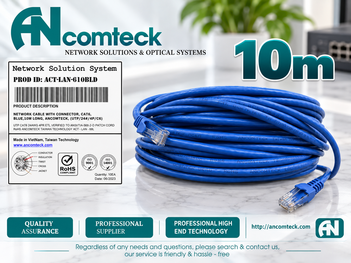 DÂY NHẢY PATCH CORD 10m CAT6 UTP lõi đồng, đầu đúc hiệu Ancomteck ACT-LAN-610BLD