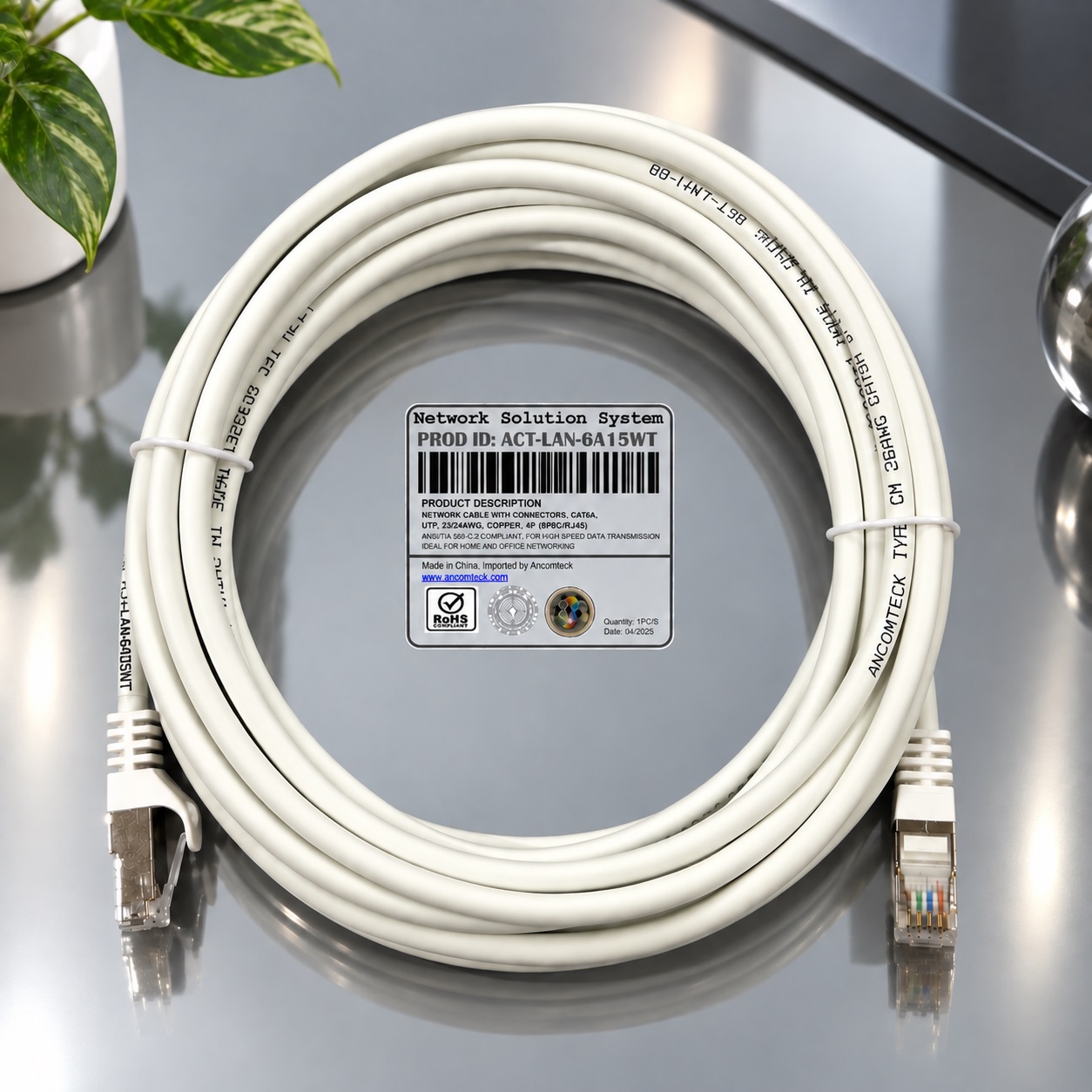 Dây nhảy PATCH CORD 15m Cat6A S-FTP, Shielded, LSZH, màu trắng - ANCOMTECK mã ACT-LAN-6A15WT