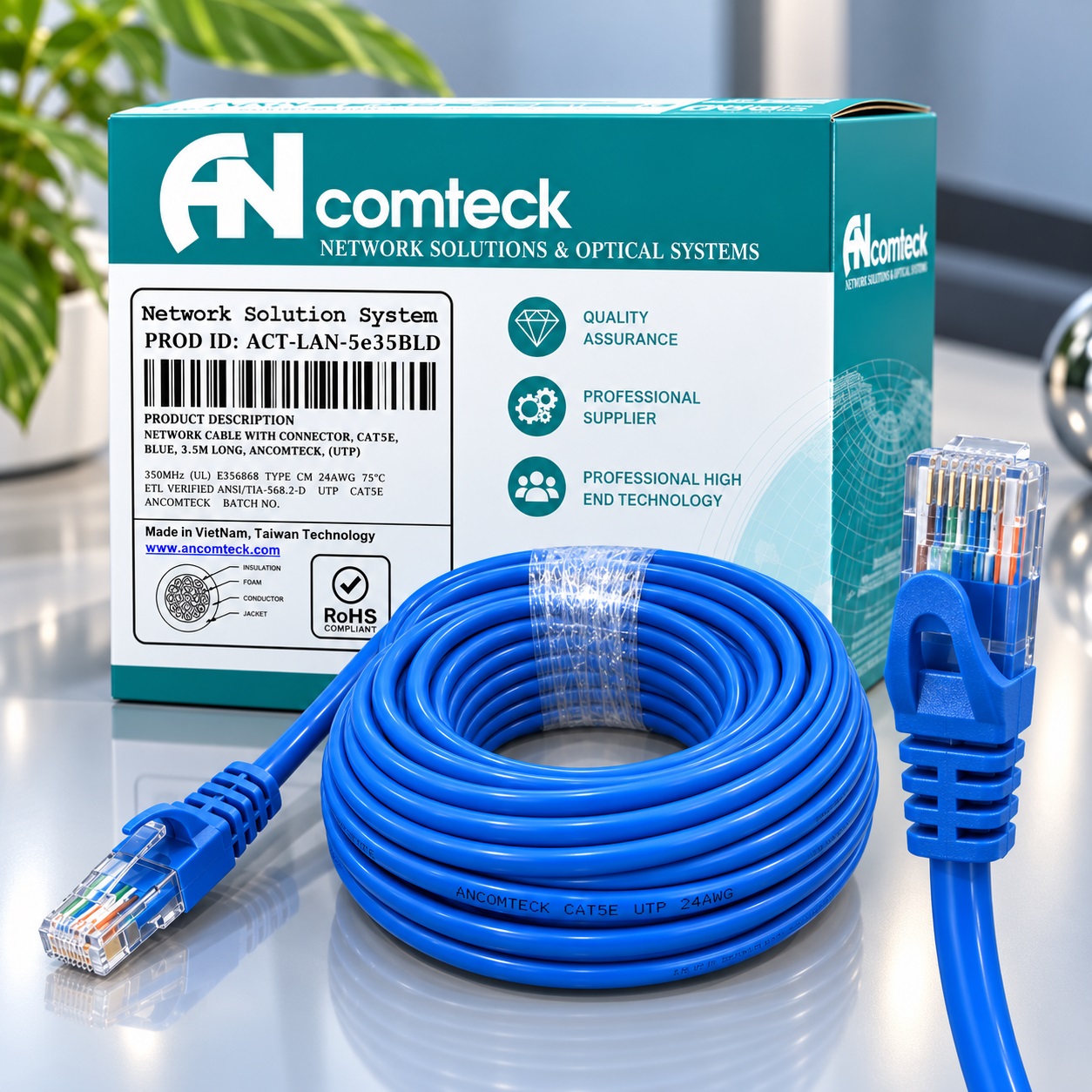 DÂY NHẢY PATCH CORD 35m CAT5e UTP lõi đồng, đầu đúc hiệu Ancomteck  ACT-LAN-535BLD