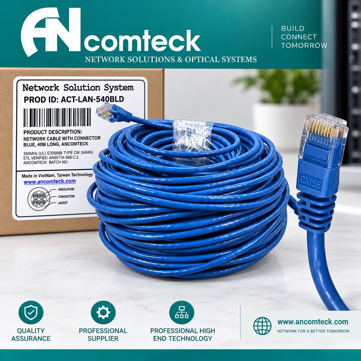 DÂY NHẢY PATCH CORD 40m CAT5e UTP lõi đồng, đầu đúc hiệu Ancomteck ACT-LAN-540BLD
