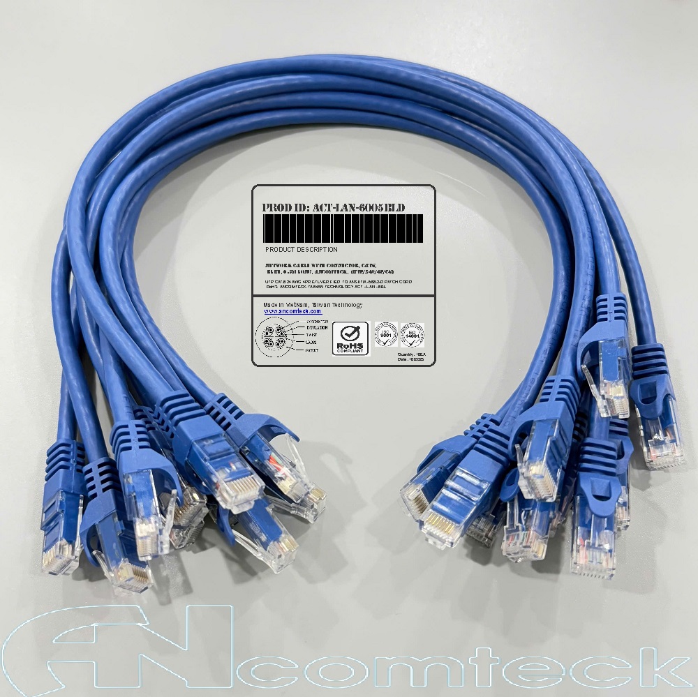 DÂY NHẢY PATCH CORD CAT6 UTP 0.5M lõi đồng 100% pass Fluke đầu đúc ACT-LAN-6005BLD