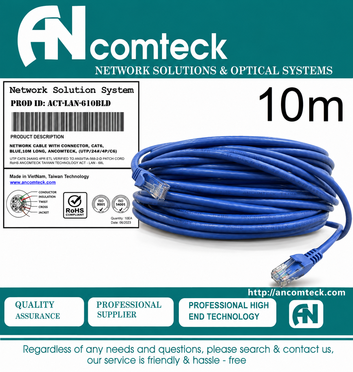 DÂY NHẢY PATCH CORD CAT6 UTP 10M lõi đồng 100% pass Fluke, đầu đúc ACT-LAN-610BLD