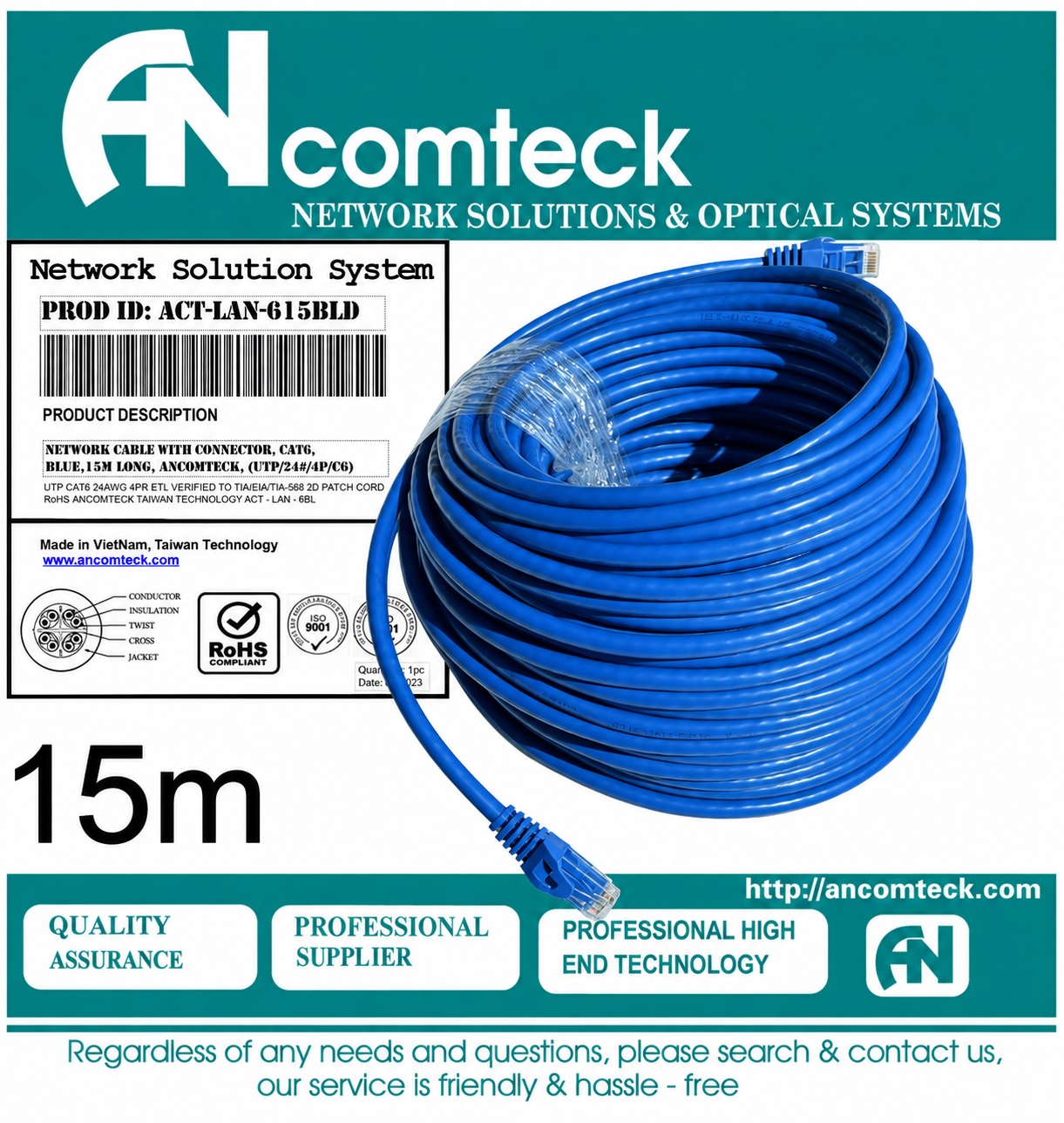 DÂY NHẢY PATCH CORD 15m CAT6 UTP lõi đồng, đầu đúc hiệu Ancomteck ACT-LAN-615BLD