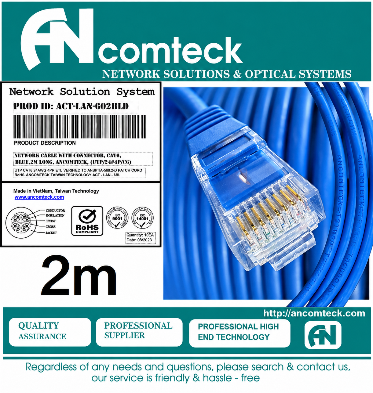 DÂY NHẢY PATCH CORD 2m CAT6 UTP lõi đồng, đầu đúc hiệu Ancomteck ACT-LAN-602BLD